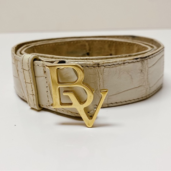 RARE Vintage Bottega Veneta Gold BV Logo Monogram Cream Matte Crocodile Belt S main image 5